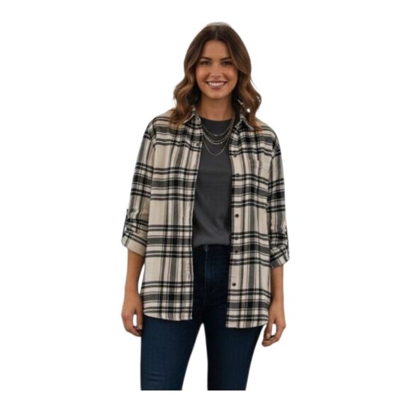 Gap Shirt Cotton Flannel Plaid Navy Blue Oversized Button Up Women Medium TALL - Picture 1 of 14